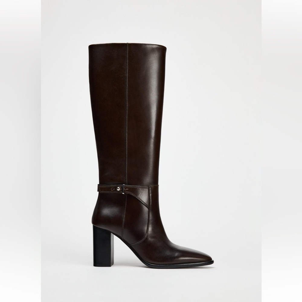 Zara buckled knee high heeled leather boots
